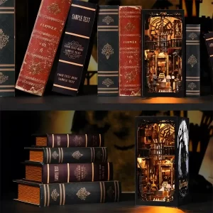 A Dark Family book nook displayed on a shelf with books, a gothic miniature house.