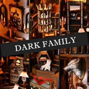 Dark Family miniature interior, a collage of gothic book nook details.