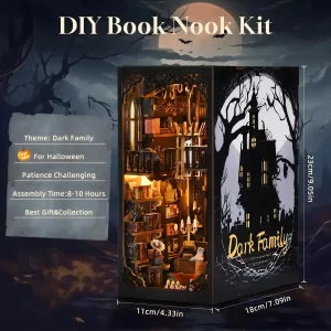 Dimensions of the Dark Family DIY Book Nook Kit, a gothic book nook for Halloween.
