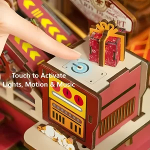 Finger activating the touch sensor for lights and music on the mechanical model puzzle.