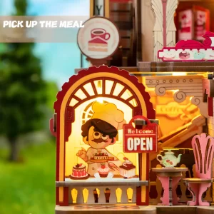 Close-up of the lit pick-up window on the Fairytale Sweet Shop DIY model kit.