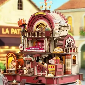 Side view of the complete Dessert Workshop 3D Wooden Puzzle mechanical model in a street scene.