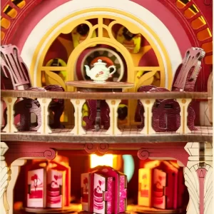 The detailed upstairs tea room balcony in the Dessert Workshop 3D Wooden Puzzle.