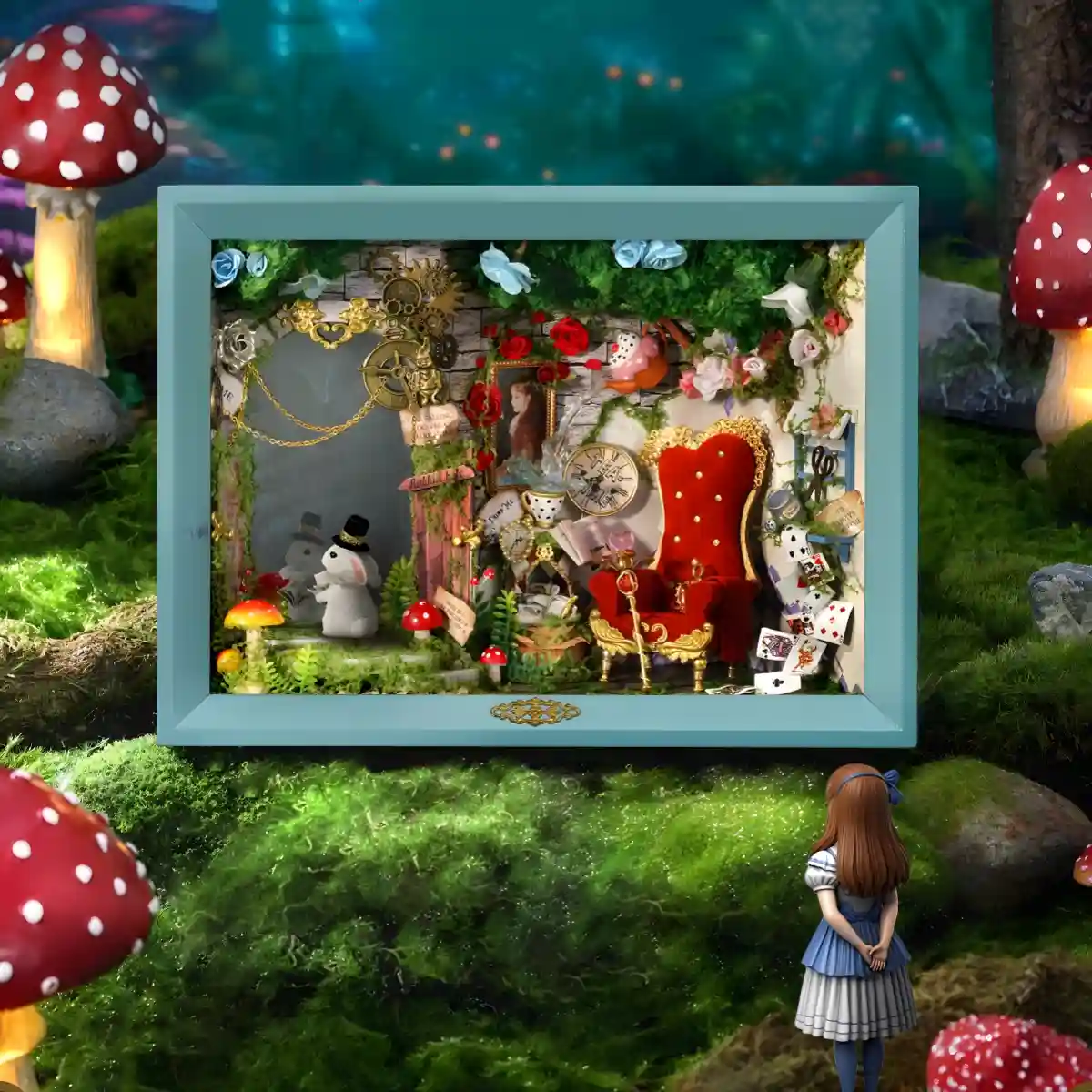 The Dream Moment Miniature House, a fairy tale scene with mushrooms, set as fantasy home décor.