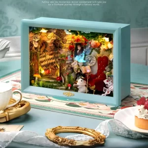 The lit-up Dream Moment Miniature House, a complete DIY miniature kit, on an elegant tabletop.