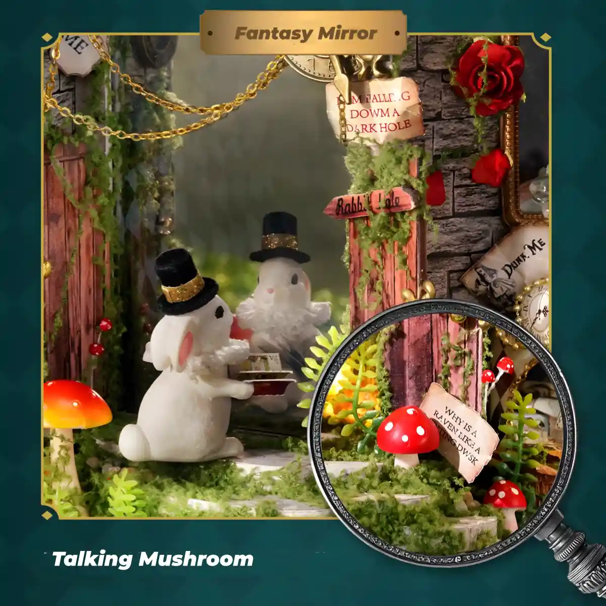 A white rabbit figure before the mirrored wonderland in the Dream Moment Miniature House kit.