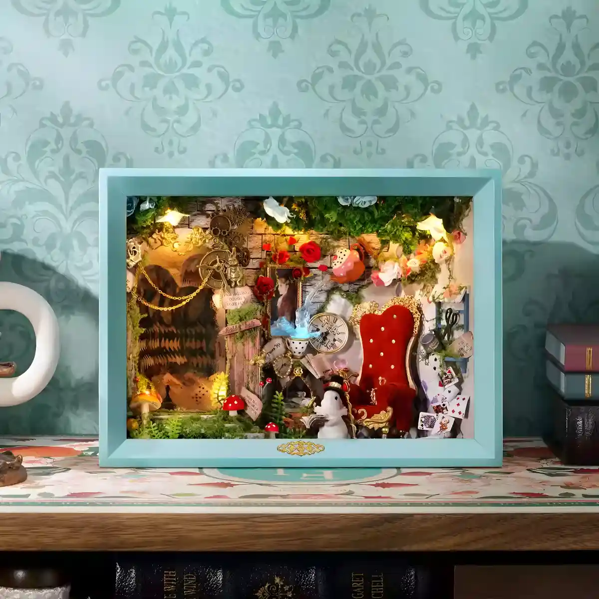 The completed Dream Moment Miniature House displayed on a shelf as beautiful fantasy home décor.