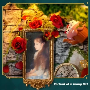 A detailed close-up of a classic portrait inside this Alice’s Adventures in Wonderland Miniature House.