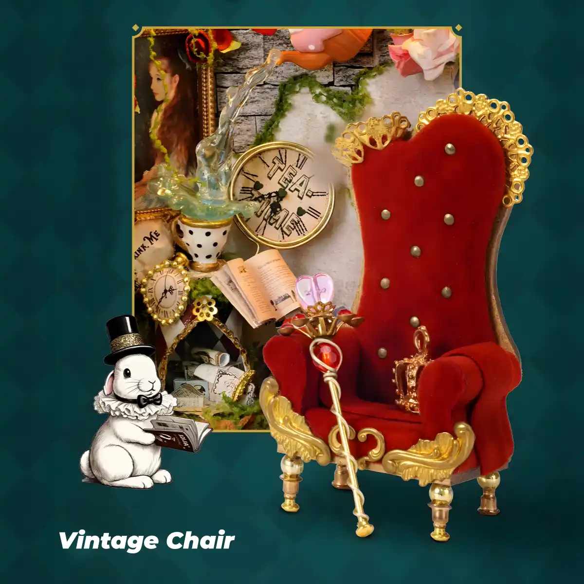 The vintage red chair from the Dream Moment Miniature House, an Alice's Adventures in Wonderland detail.