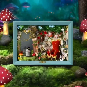 A fairy tale miniature house, the Dream Moment kit, set in a dreamy, enchanted mushroom forest.
