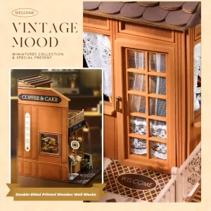 Close-up of the front door and side view of the miniature café.