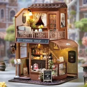 Encounter With Time Coffee Shop dollhouse on a desk, fully assembled.
