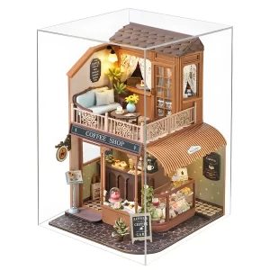 Rofuntime Coffee Shop Dollhouse inside a clear dust cover.