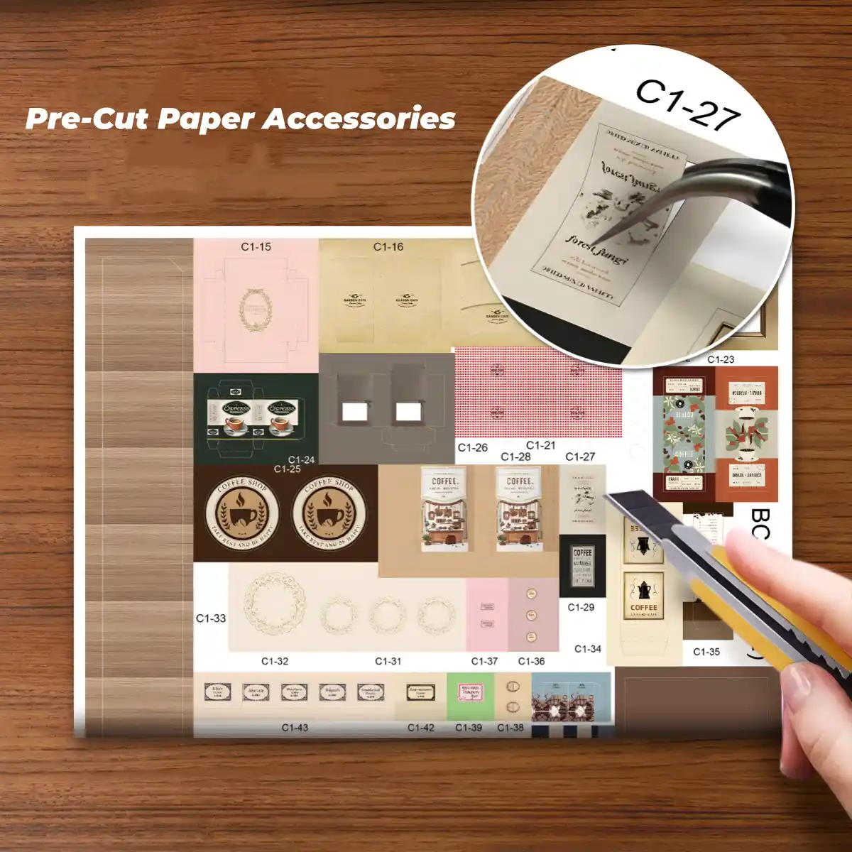 Sheet of pre-cut paper accessories for a vintage coffee shop dollhouse kit.