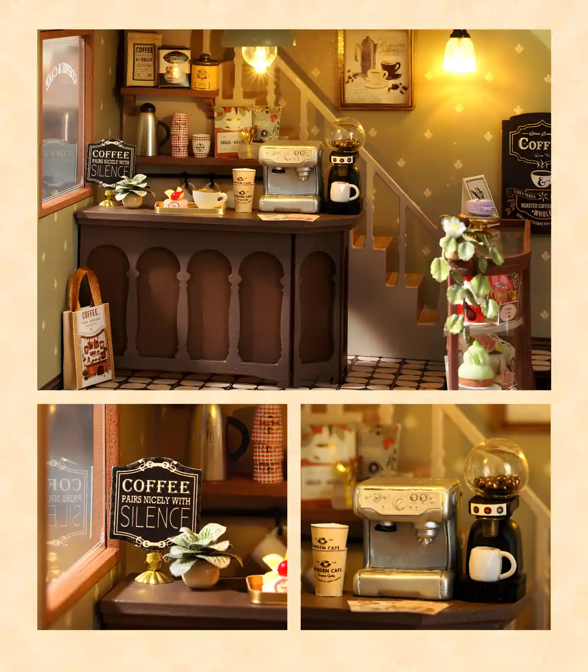 Detailed ground floor of the miniature café, highlighting the peaceful coffee scene.