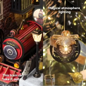 Details of Fantasy Train Platform book nook kit train and enchanting magical miniature lighting.