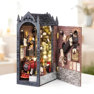 Assembled Fantasy Train Platform book nook with train, floating letters, and a mirrored, infinite corridor effect.