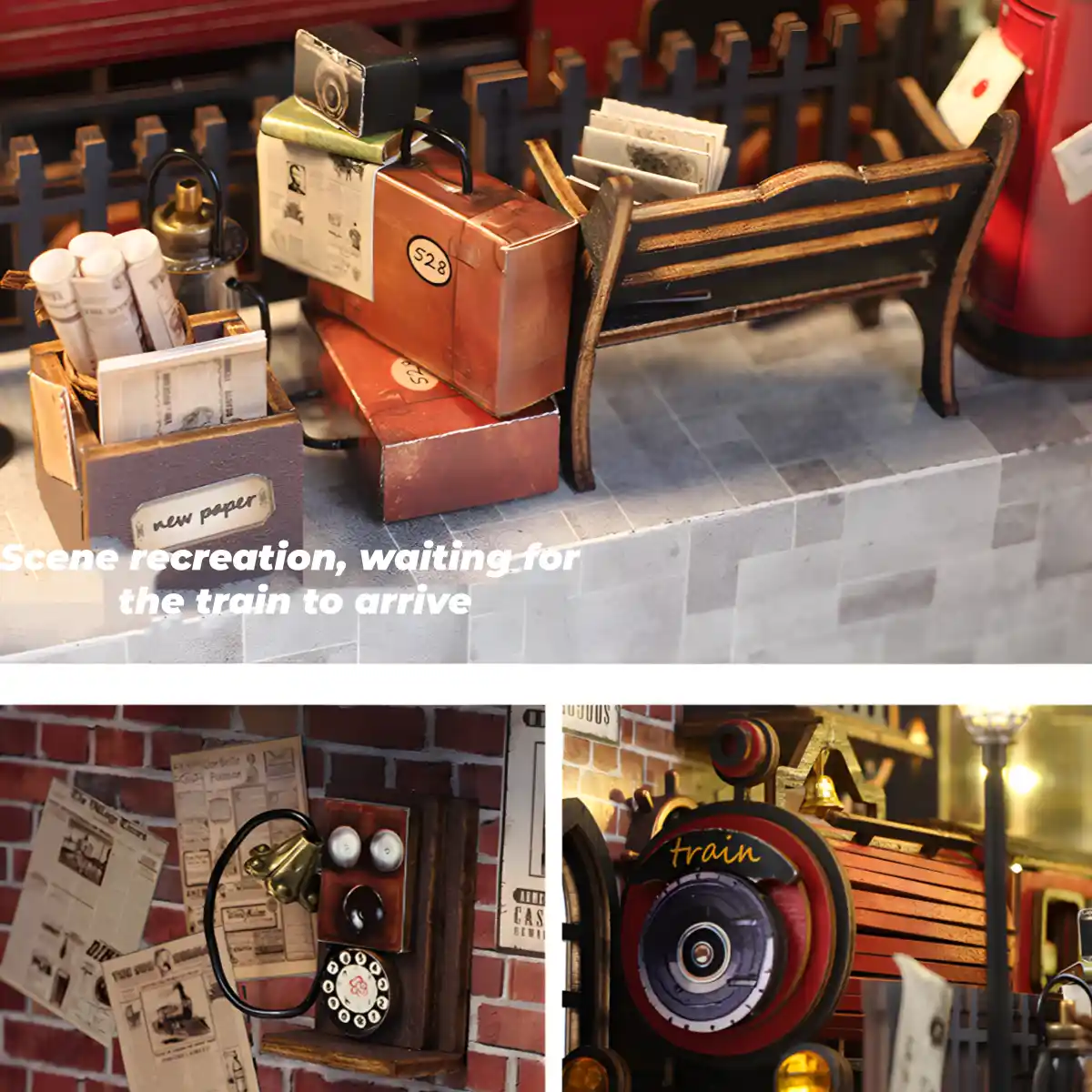 Details of vintage train station book nook: luggage on a bench and an old telephone.