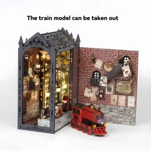 Fantasy Train Platform book nook with the train model taken out for display.