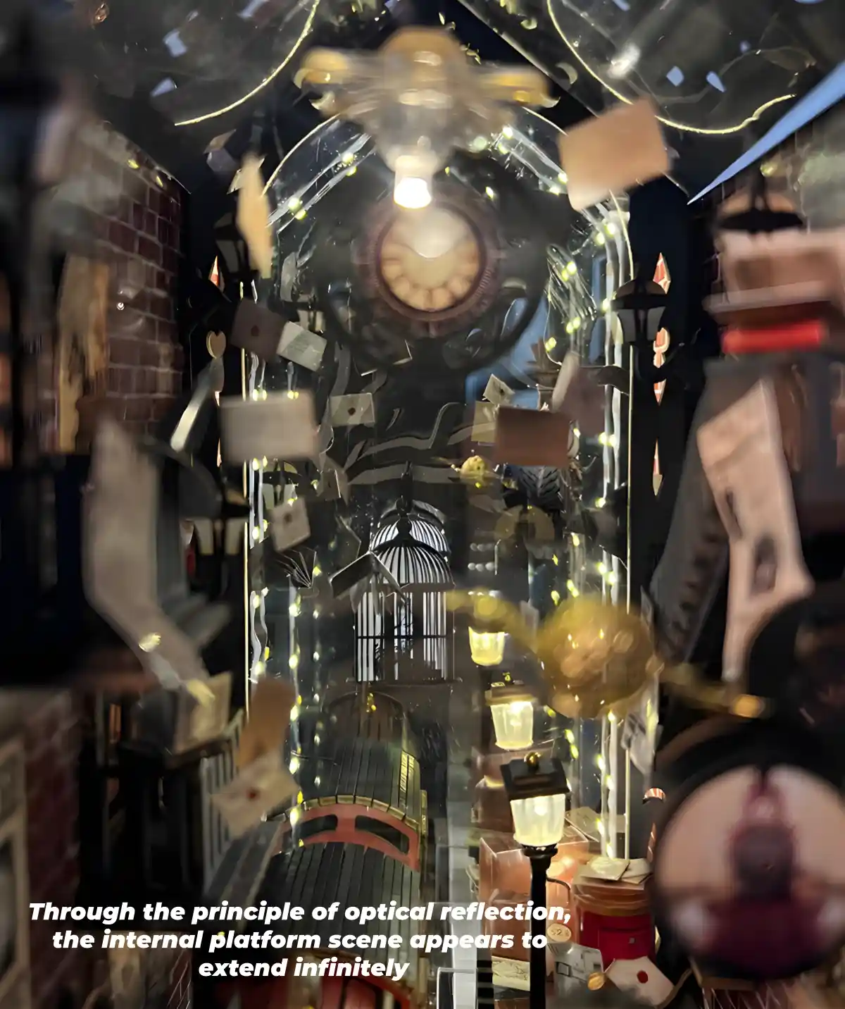 Mirror reflection book nook showing an endless corridor effect extending the platform infinitely.