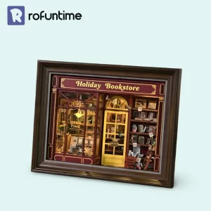Rofuntime-Holiday Bookstore book nook, finished miniature model, cozy holiday décor.