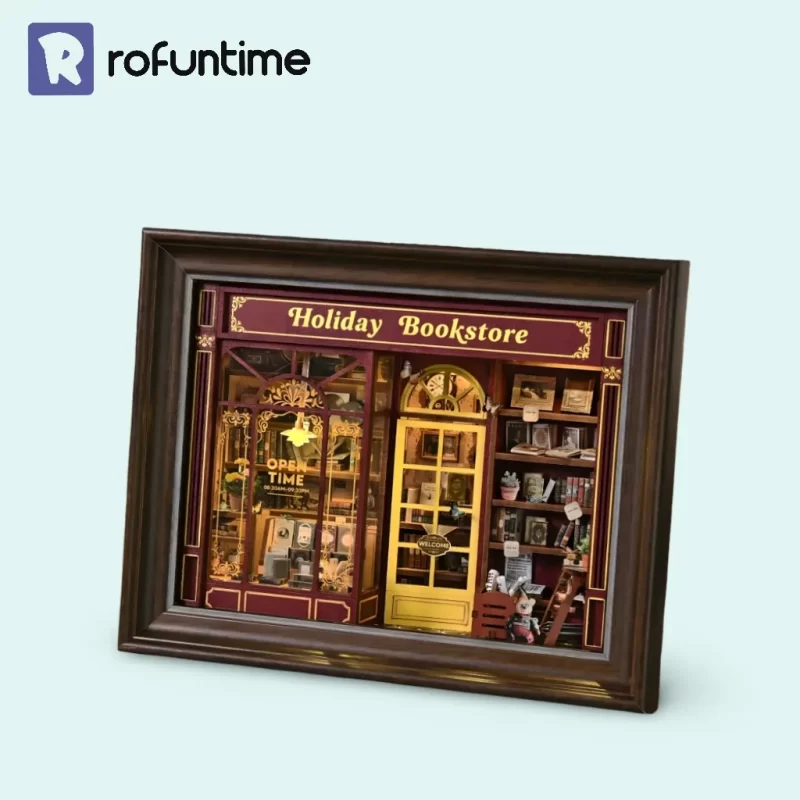 Rofuntime-Holiday Bookstore book nook, finished miniature model, cozy holiday décor.