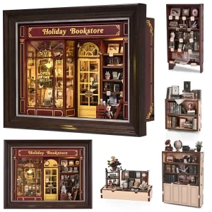 DIY book nook kit, miniature bookstore model details, various components.
