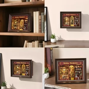 Holiday Bookstore book nook kit on a bookshelf and wall, festive miniature kit.