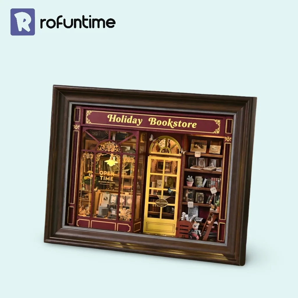 Rofuntime-Holiday Bookstore book nook, finished miniature model, cozy holiday décor.