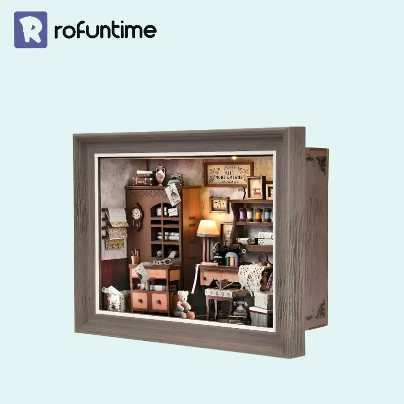 Assembled Lily Sewing Shop book nook, a complete retro sewing studio for display.