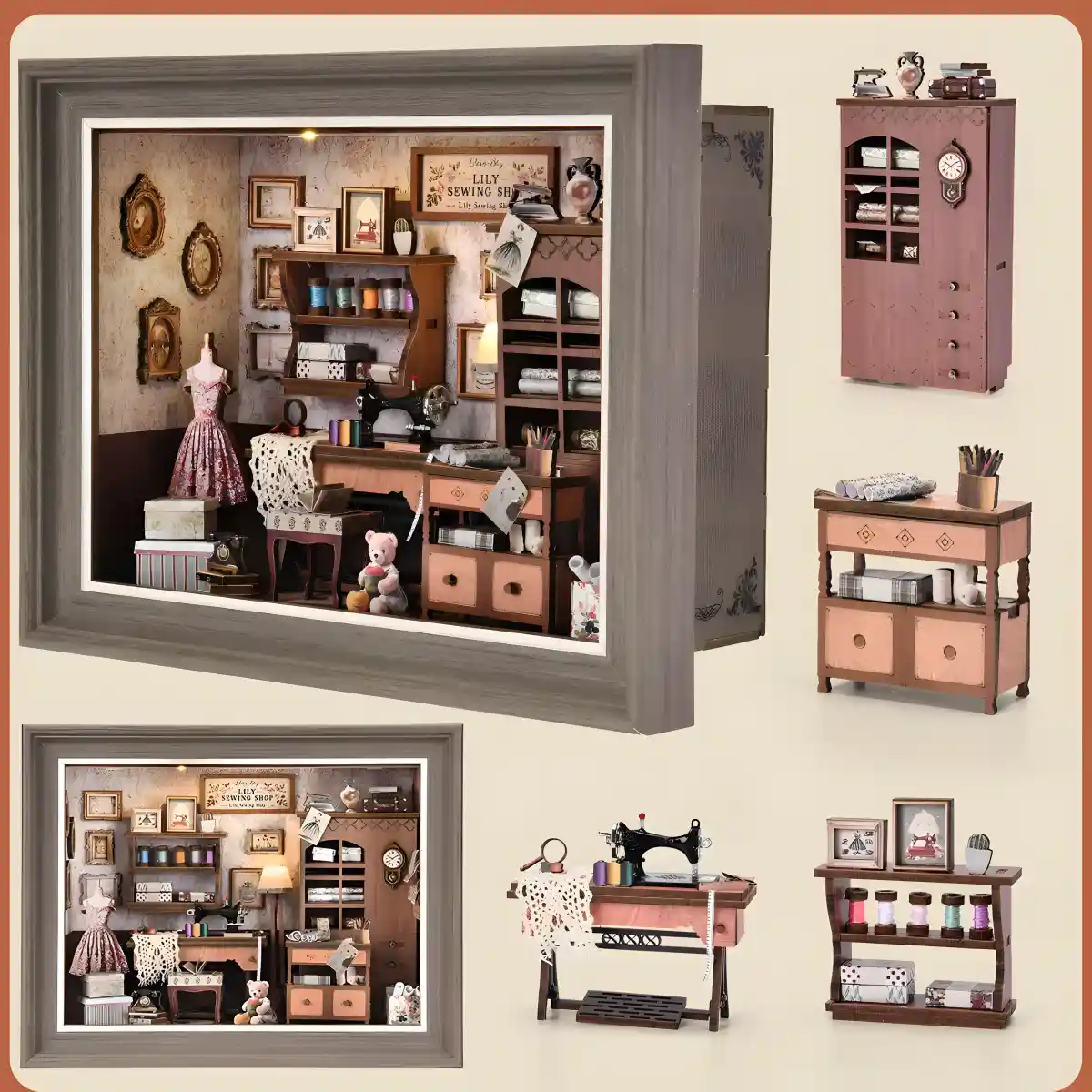Lily Sewing Shop book nook, showing individual assembled miniature accessories.