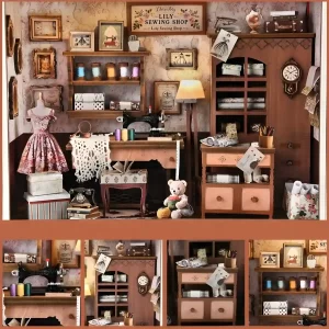 Detailed Lily Sewing Shop book nook, miniature sewing workshop with retro furniture and decor.