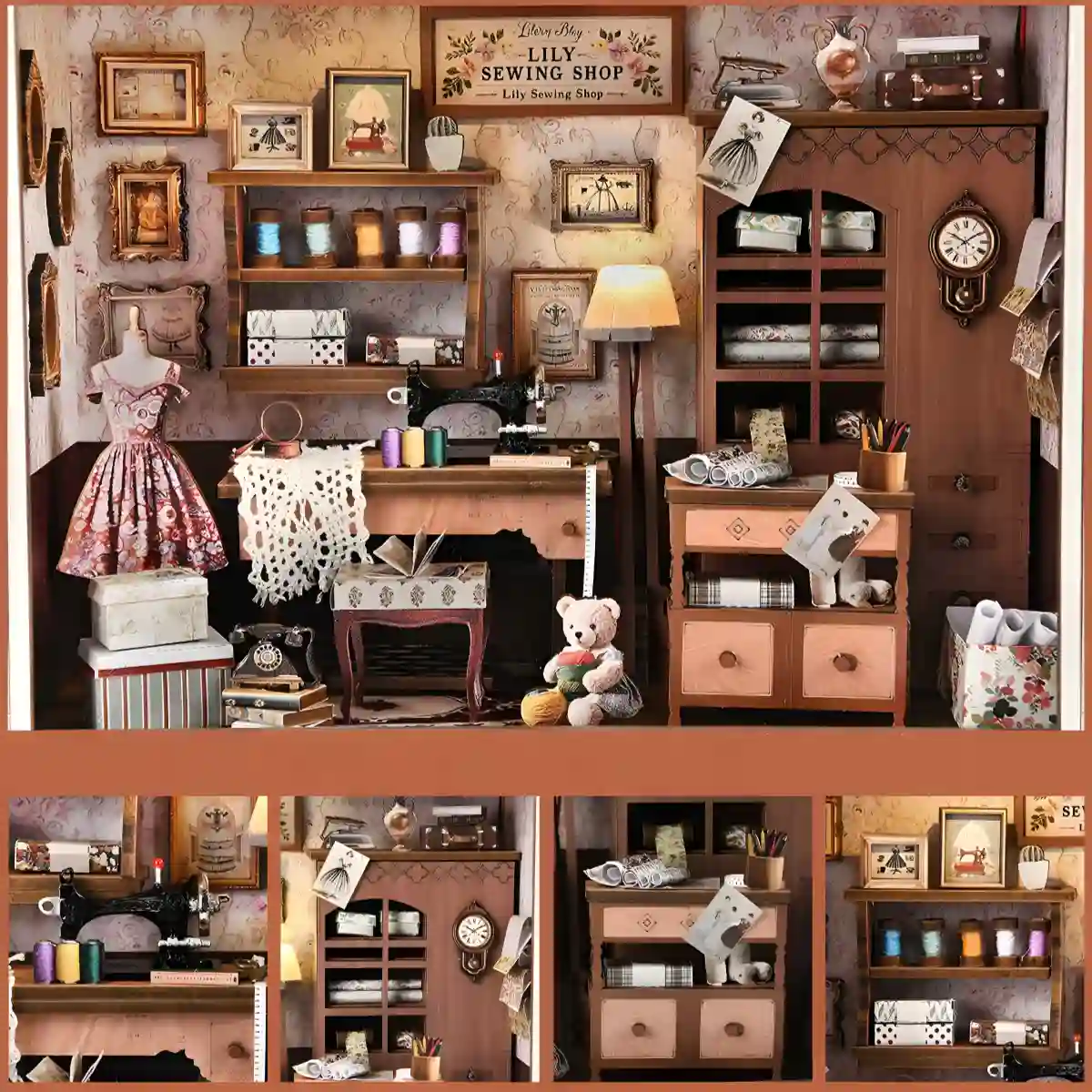 Detailed Lily Sewing Shop book nook, miniature sewing workshop with retro furniture and decor.