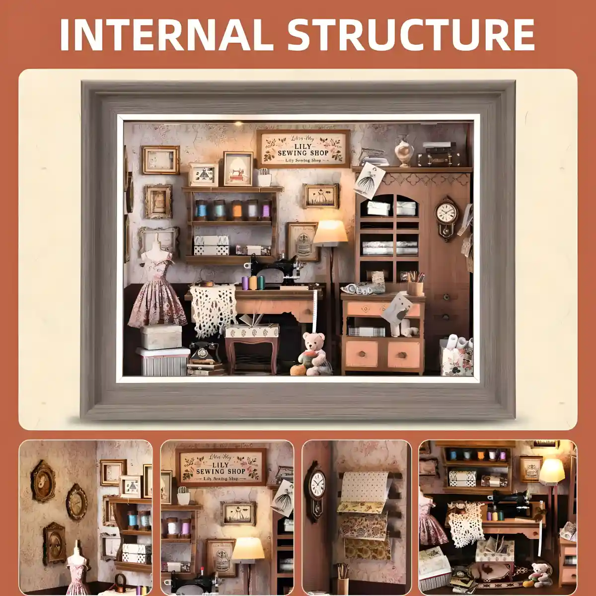 Lily Sewing Shop Book Nook Kit internal structure, a detailed miniature display for a bookshelf.