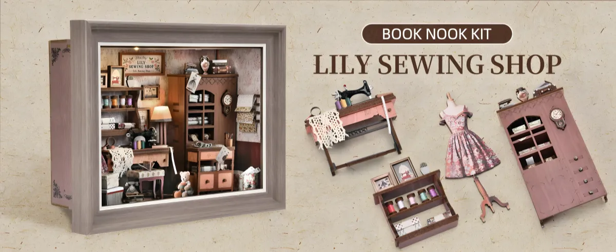 Lily Sewing Shop DIY book nook kit with individual miniature parts.