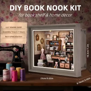 Lily Sewing Shop DIY book nook kit, showing dimensions for home decor and bookshelf display.