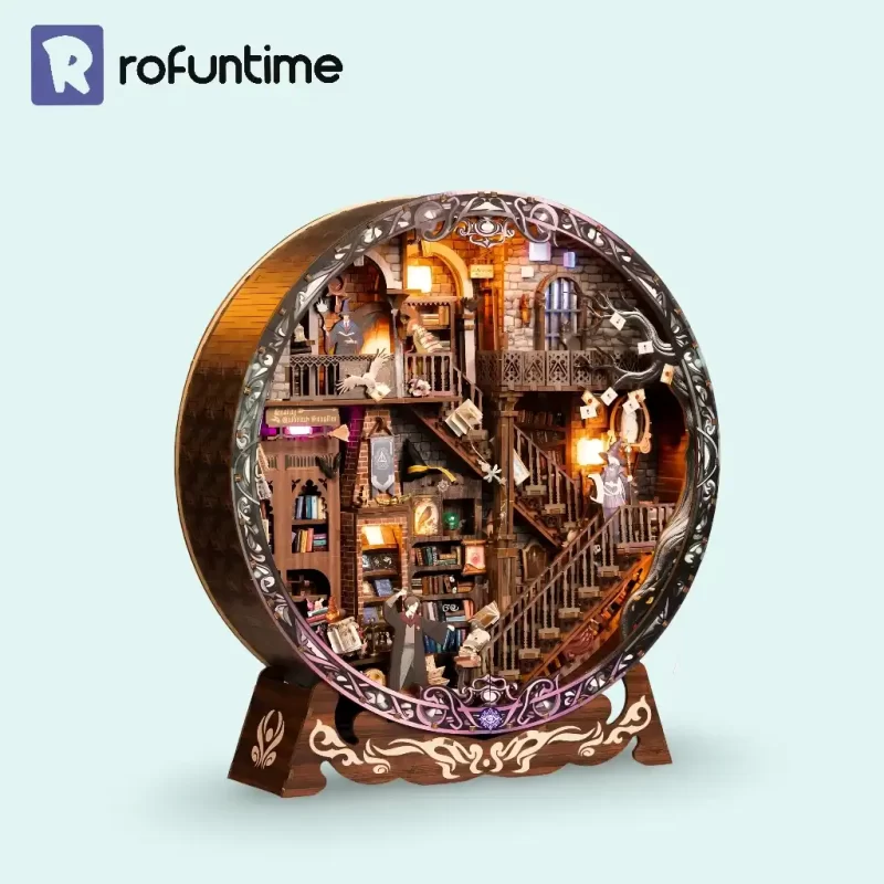 A complete Rofuntime Magic Library 3D Wooden Puzzle on its display stand.