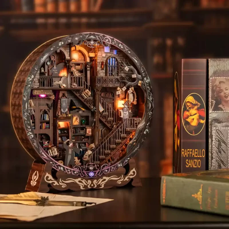 Magic Library 3D Wooden Puzzle, a fantasy wooden puzzle on a desk.