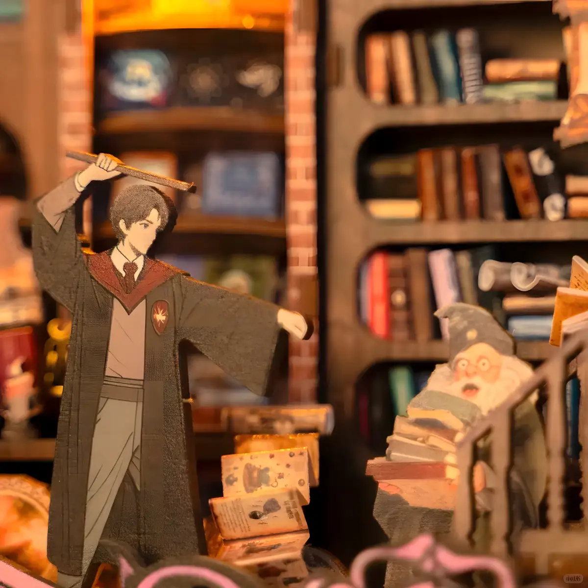 Wizard figures in a fantasy academy library, part of a DIY puzzle kit.
