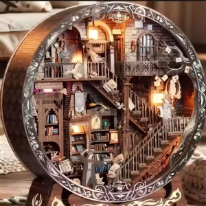 A side view of a fantasy academy library 3D wooden puzzle.
