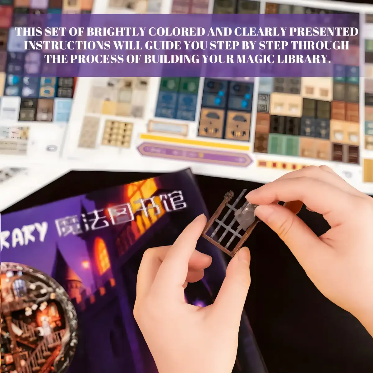Assembling a Rofuntime Magic Library DIY puzzle kit with instructions.