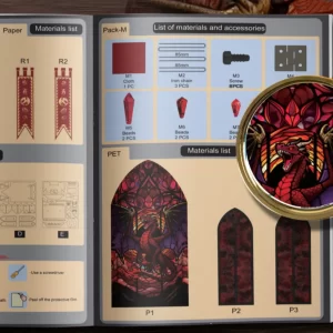 Illustrated manual for the Spire of the Wyrm DIY Book Nook Kit, showing materials and dragon PET film.