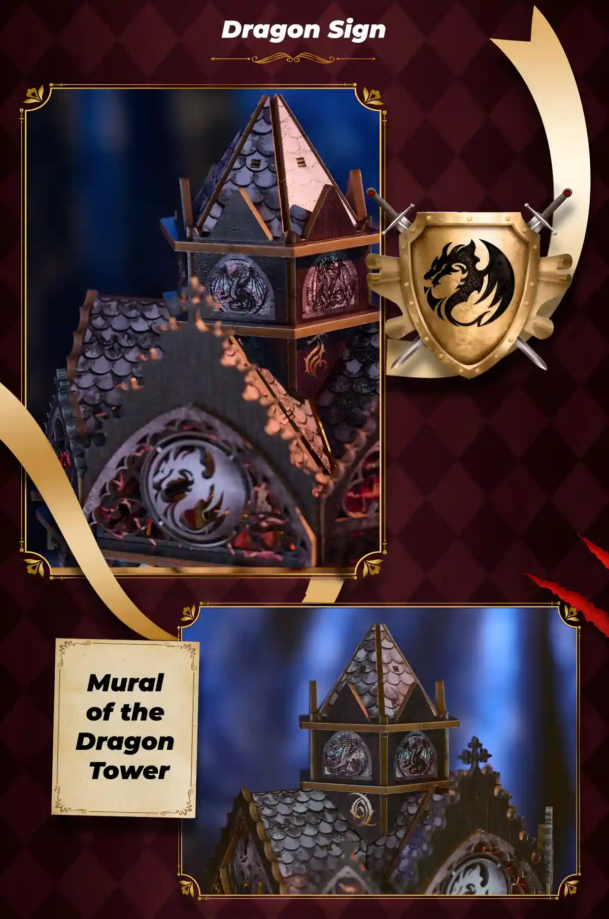 Spire of the Wyrm book nook with a detailed Gothic tower and dragon sign mural.