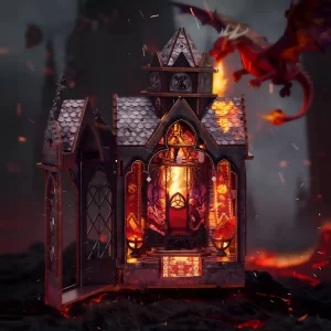 Spire of the Wyrm DIY Book Nook Kit with hinged side door open, revealing the bright interior.