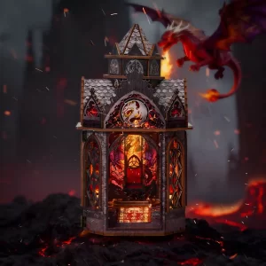 Front view of the illuminated Spire of the Wyrm book nook with a fierce flying dragon backdrop.