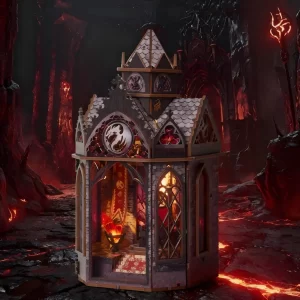 Side view of the Gothic fantasy book nook standing in a dark, lava-lit cavern.