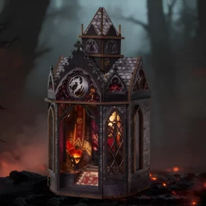 Spire of the Wyrm book nook side view, showcasing the dark Gothic tower book nook exterior details.