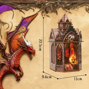 Dimensions of the Spire of the Wyrm book nook (22.5cm tall) shown next to a dragon model.