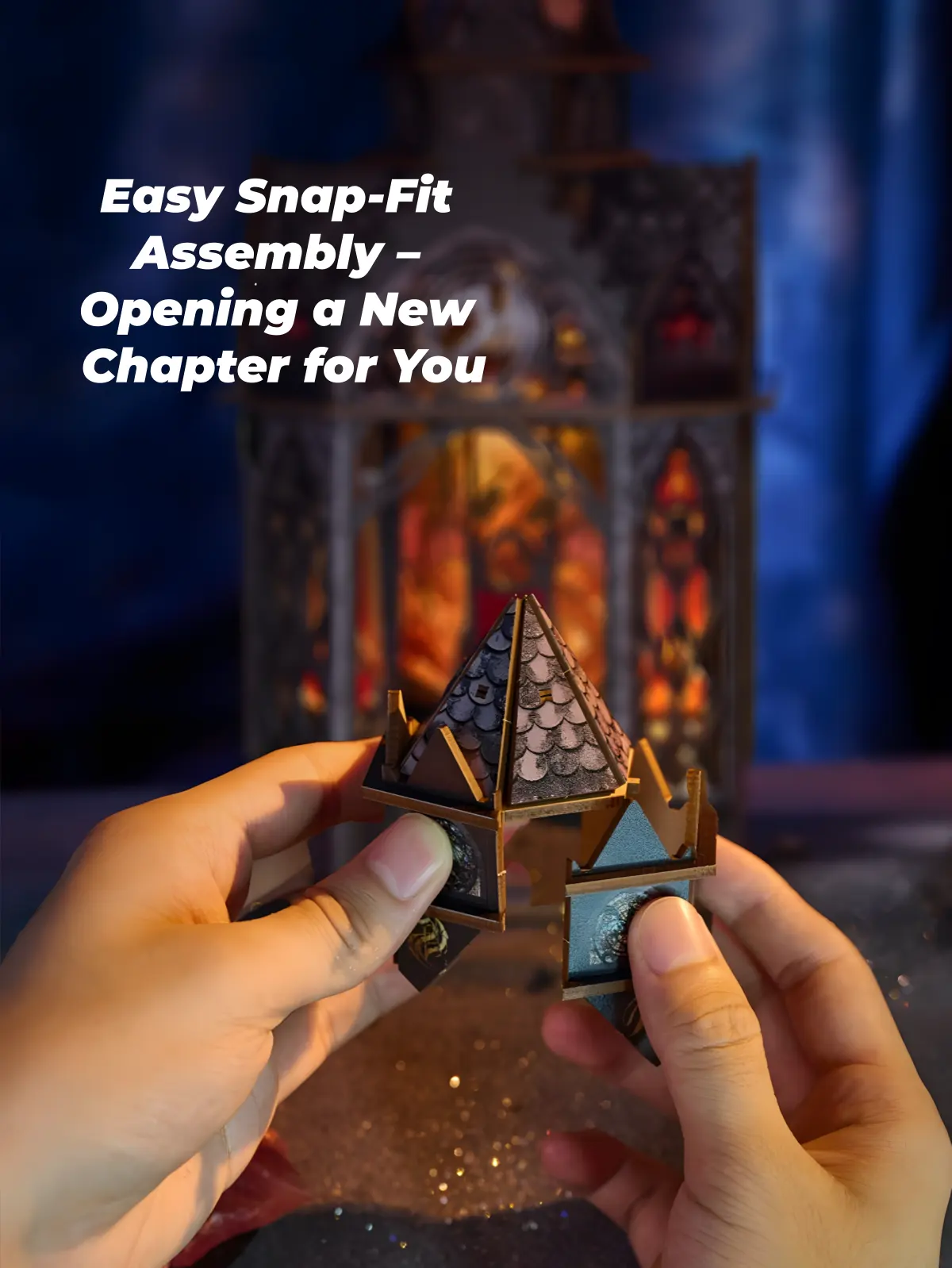 Spire of the Wyrm DIY Book Nook Kit assembly showing the easy snap-fit construction method.