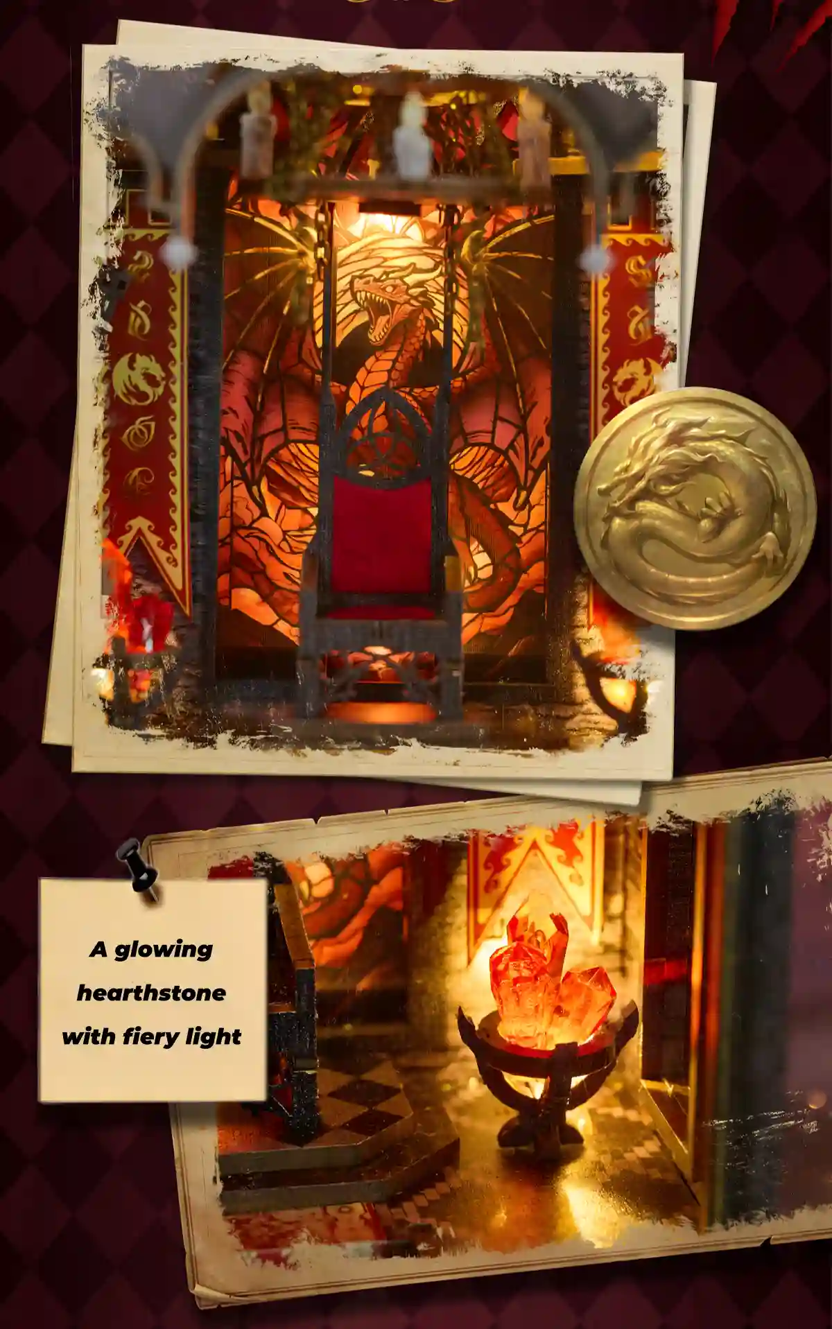 Interior of Spire of the Wyrm showing the throne hall diorama and glowing hearthstone detail.